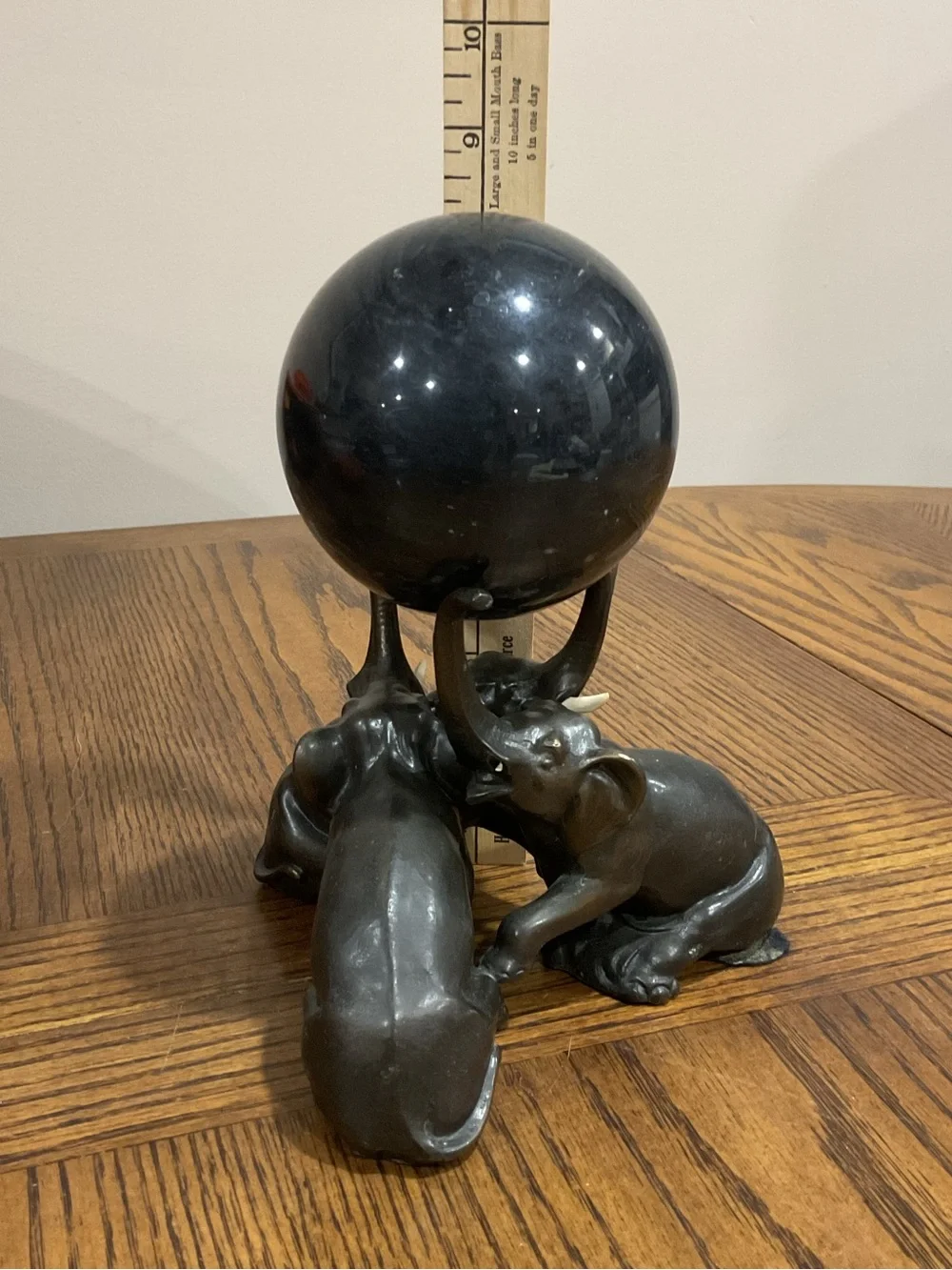 Decorative  Black Metal 3 Elephant Sculpture with Marble Orb